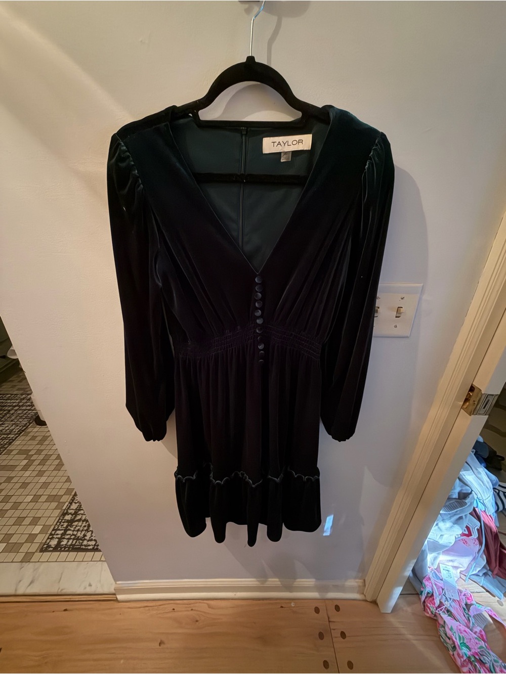 Taylor Black Velvet Button-Front V-Neck Dress